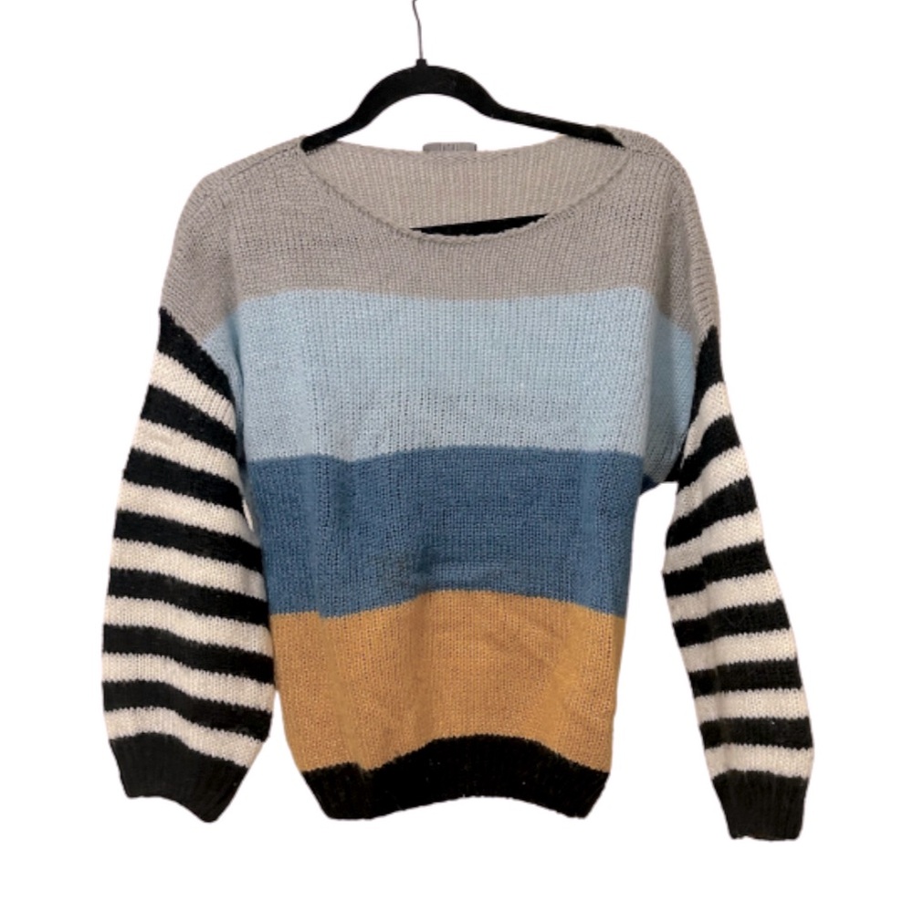 Color Block Striped.Sleeve Crew Neck Sweater | Blue/Multi | Size S